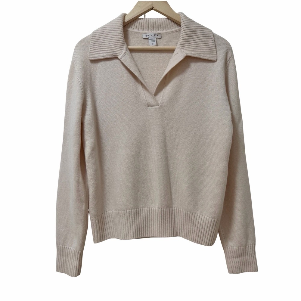 Athleta Womens Wool Cashmere Collared Sweater Size M Cream Quiet Luxury FLAW